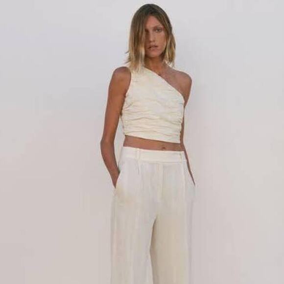 ZARA Asymmetric One Shoulder Draped Cropped Top Cream Side Zip Size XS NEW - Picture 1 of 6